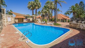 Piscina com espreguiçadeiras, palmeiras e um muro de pedra.