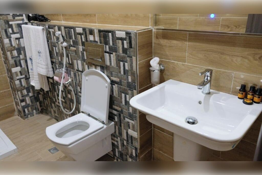 A bathroom with a toilet, a sink, and a shower area.