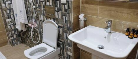 A bathroom with a toilet, a sink, and a shower area.