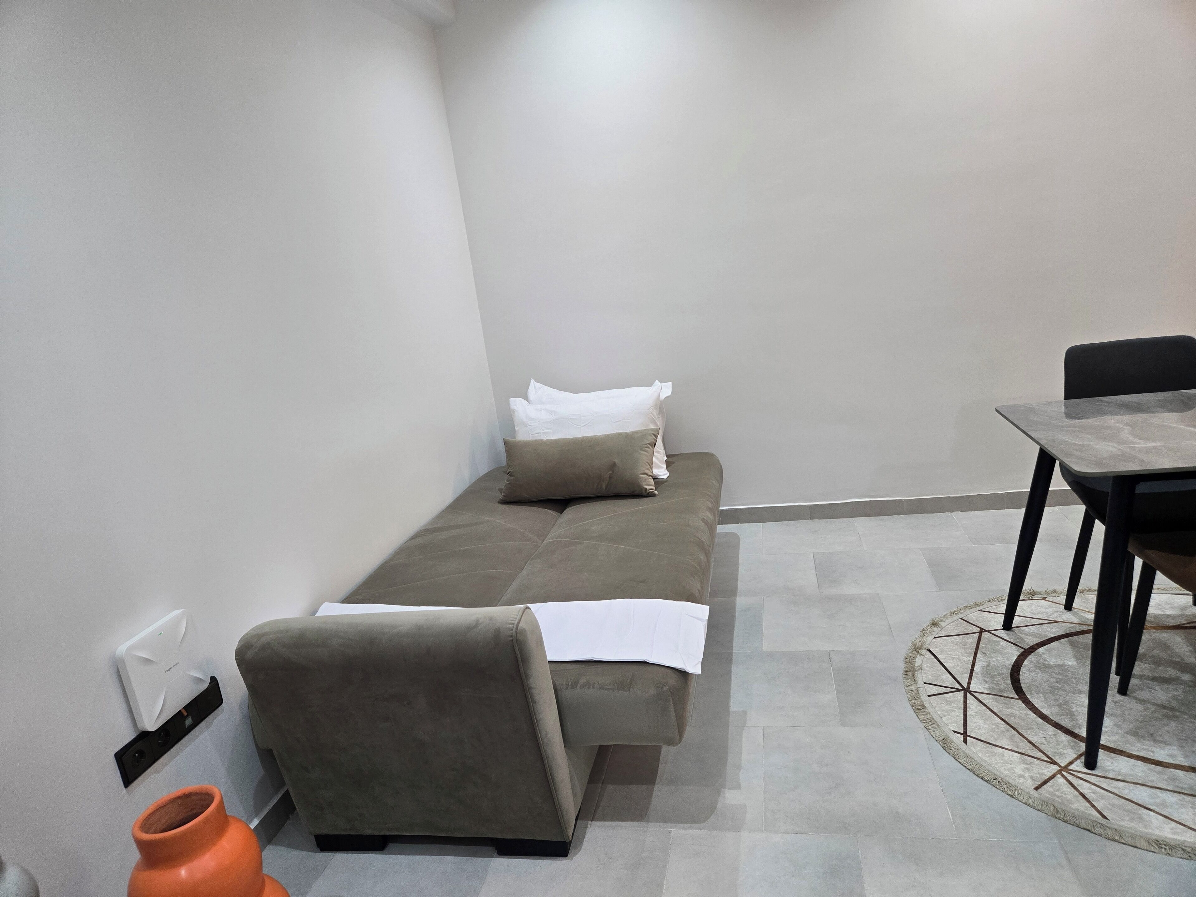 Een kleine, moderne kamer met een enkele bank, een tafel en een kamerkleed met een patroon.