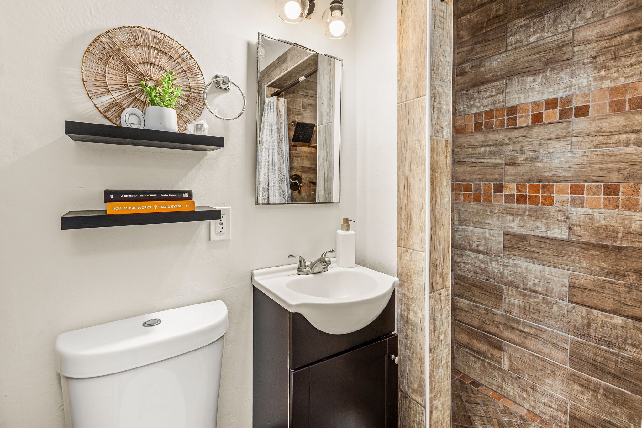 Un baño con inodoro y lavamanos blancos, y un espejo encima. Hay dos estantes con libros y una planta en maceta. La pared tiene un diseño de paneles de madera.