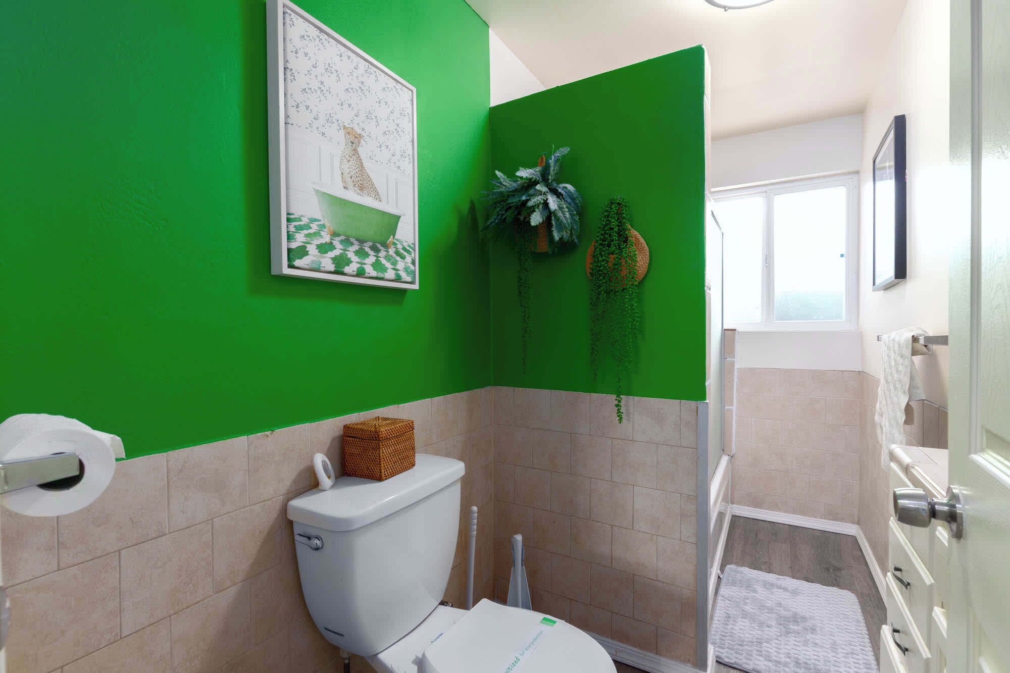 Une salle de bain avec un mur d’accent vert, des toilettes, une douche et une fenêtre.