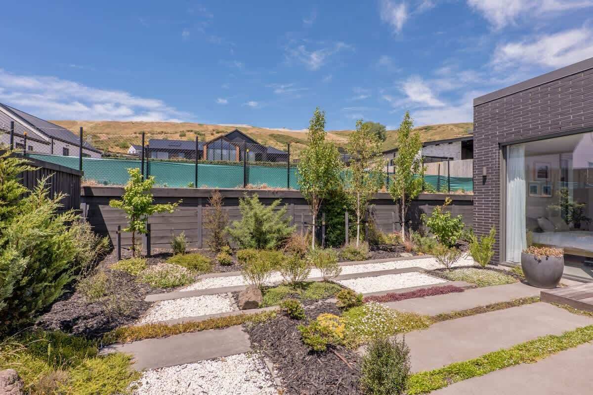 Modern landscaping and mountain view