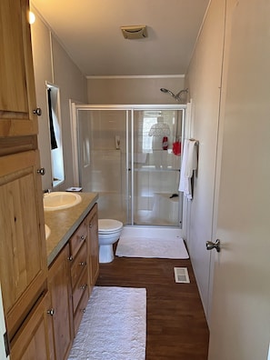 Regadera, toallas, jabón, papel de baño