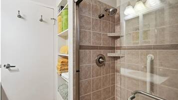 Shower, hair dryer, towels, soap