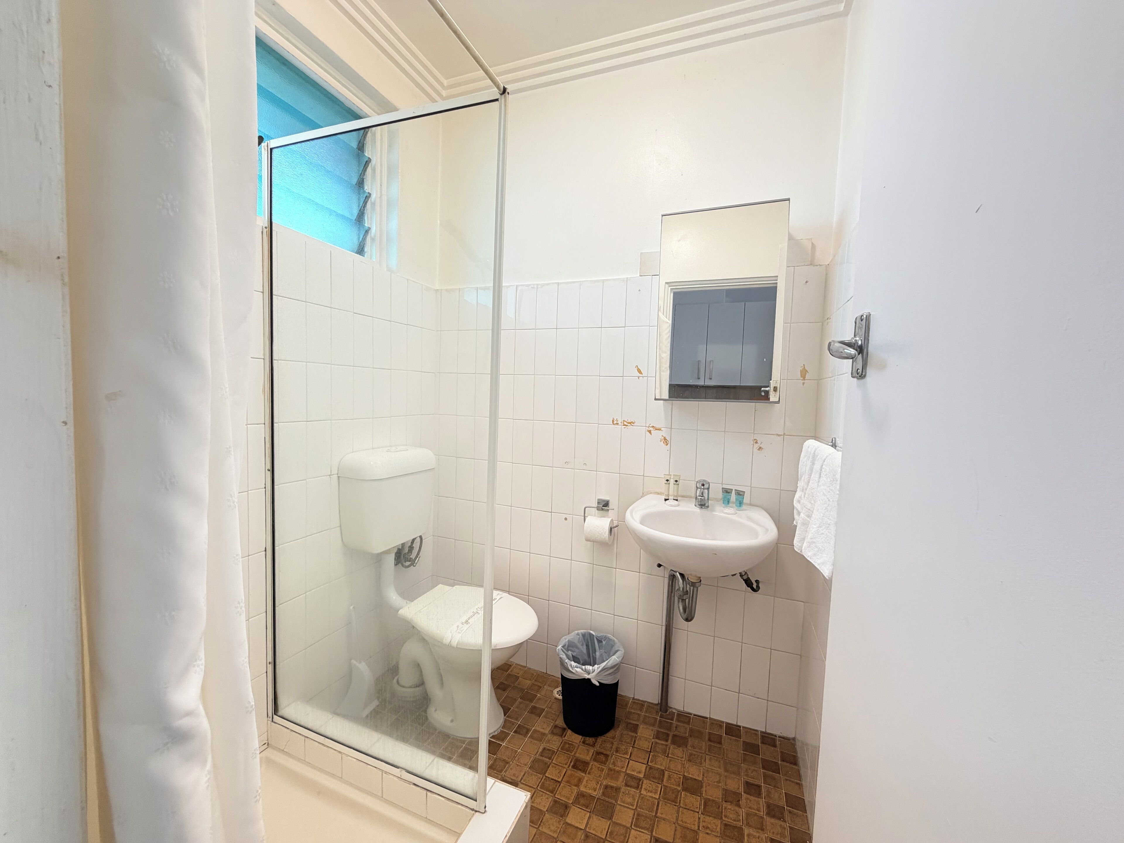 Een badkamer met een douchecabine van glas, een toilet, een wastafel en een spiegel.
