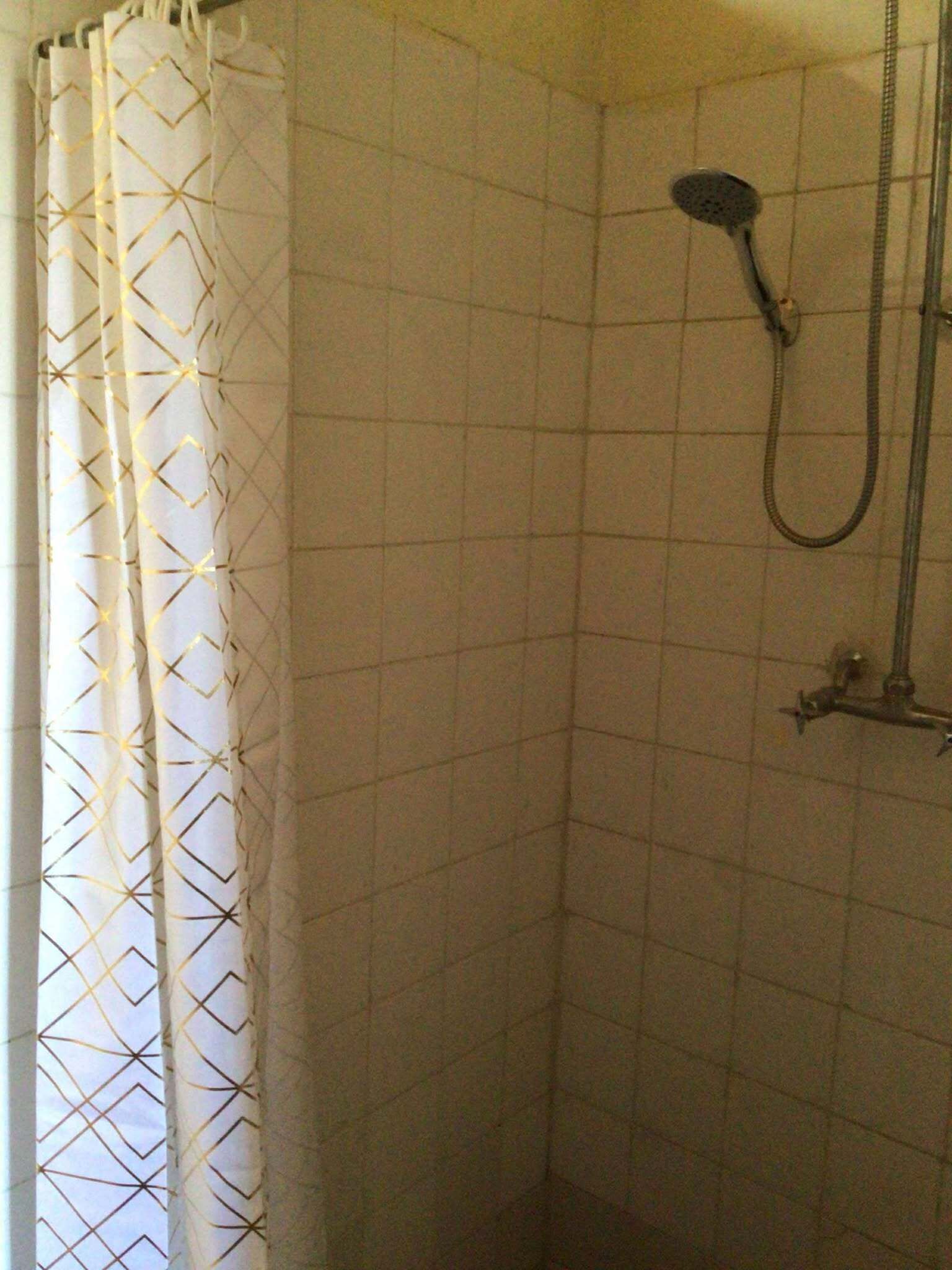Shower, towels, soap, toilet paper