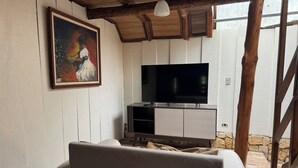 Smart TV, fireplace, foosball