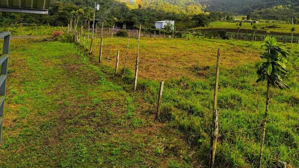 Un paisaje rural con un arcoíris, campos verdes y un edificio pequeño.