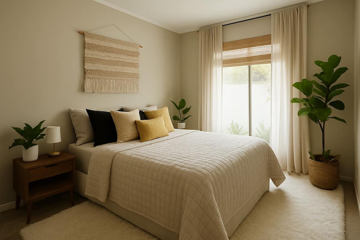 A bedroom with a large bed, bedside tables, a hanging tapestry, and potted plants.