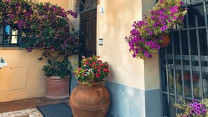 Un bâtiment à la façade jaune, doté d’une grande porte en arc de cercle et d’une fenêtre ornée d’une grille métallique. Des plantes en pot, fleuries, sont disposées le long du mur, et un grand pot en terre cuite se trouve au sol.