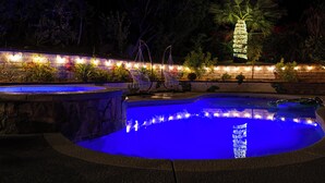 Zwembad met een verlicht waterkunstwerk, omgeven door een aangelegde tuin met diverse planten en een decoratieve boom.