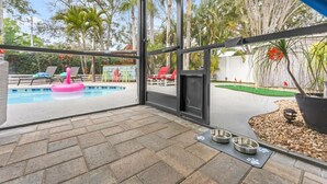A pool area with a glass enclosure, lounge chairs, and a dog feeding station. - Private Palm Harbor Home H/Pool, Hot Tub, Tiki Bar, Putting Green and More! (Palm Harbor)