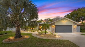 A modern two-story house with a garage, surrounded by well-maintained landscaping and a large palm tree. - Private Palm Harbor Home H/Pool, Hot Tub, Tiki Bar, Putting Green and More! (Palm Harbor)