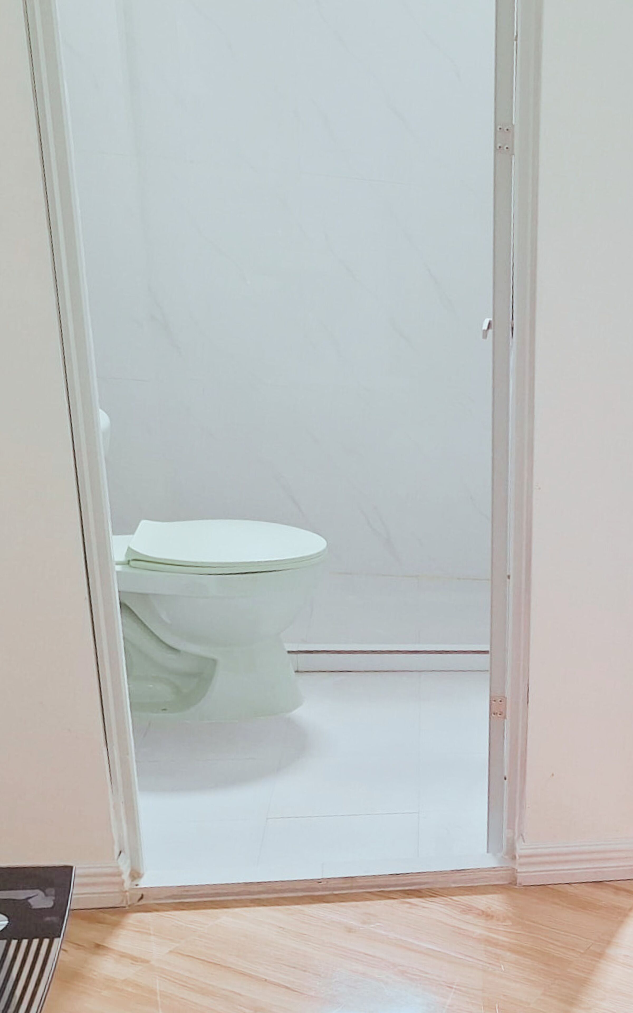 A room with a toilet, a wooden floor, and a white door.
