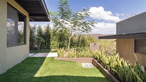 Una casa moderna con césped cuidado, una pérgola y diversas plantas.