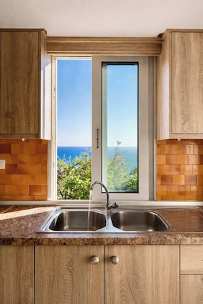A kitchen with a view of the ocean, featuring wooden cabinets, a stainless steel sink, and a window.