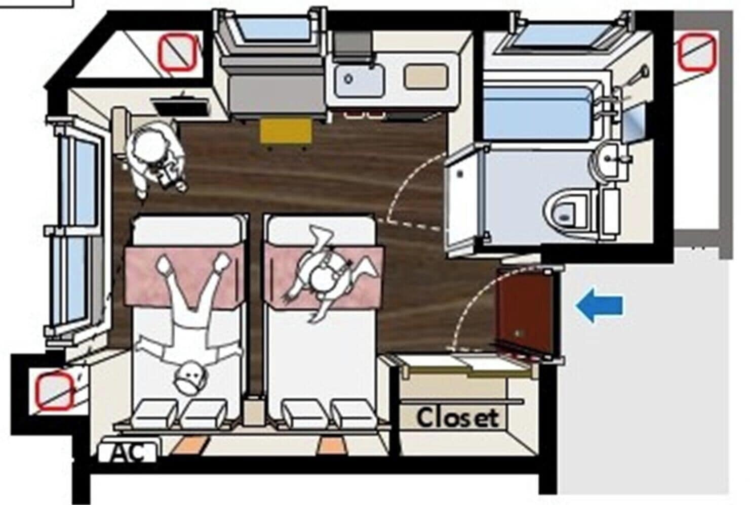 Distribución de una habitación de hotel con cama, mesita de noche, armario y ventana.