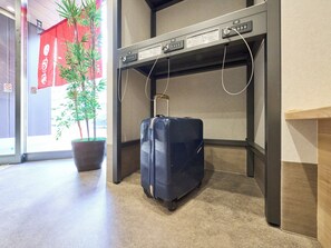 A room with a large suitcase on the floor, a potted plant, and a wall with electrical outlets and switches. - Yadoya Asakusa Iki (Tokyo)