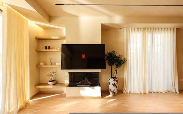 A modern living room with a flat-screen TV mounted above a fireplace, a potted plant, and a large window with curtains.