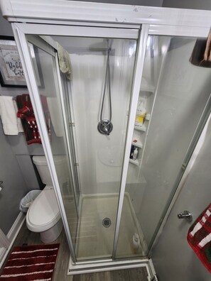 Hair dryer, towels, soap, toilet paper