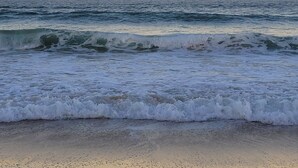 Una spiaggia con onde e una luna nel cielo.