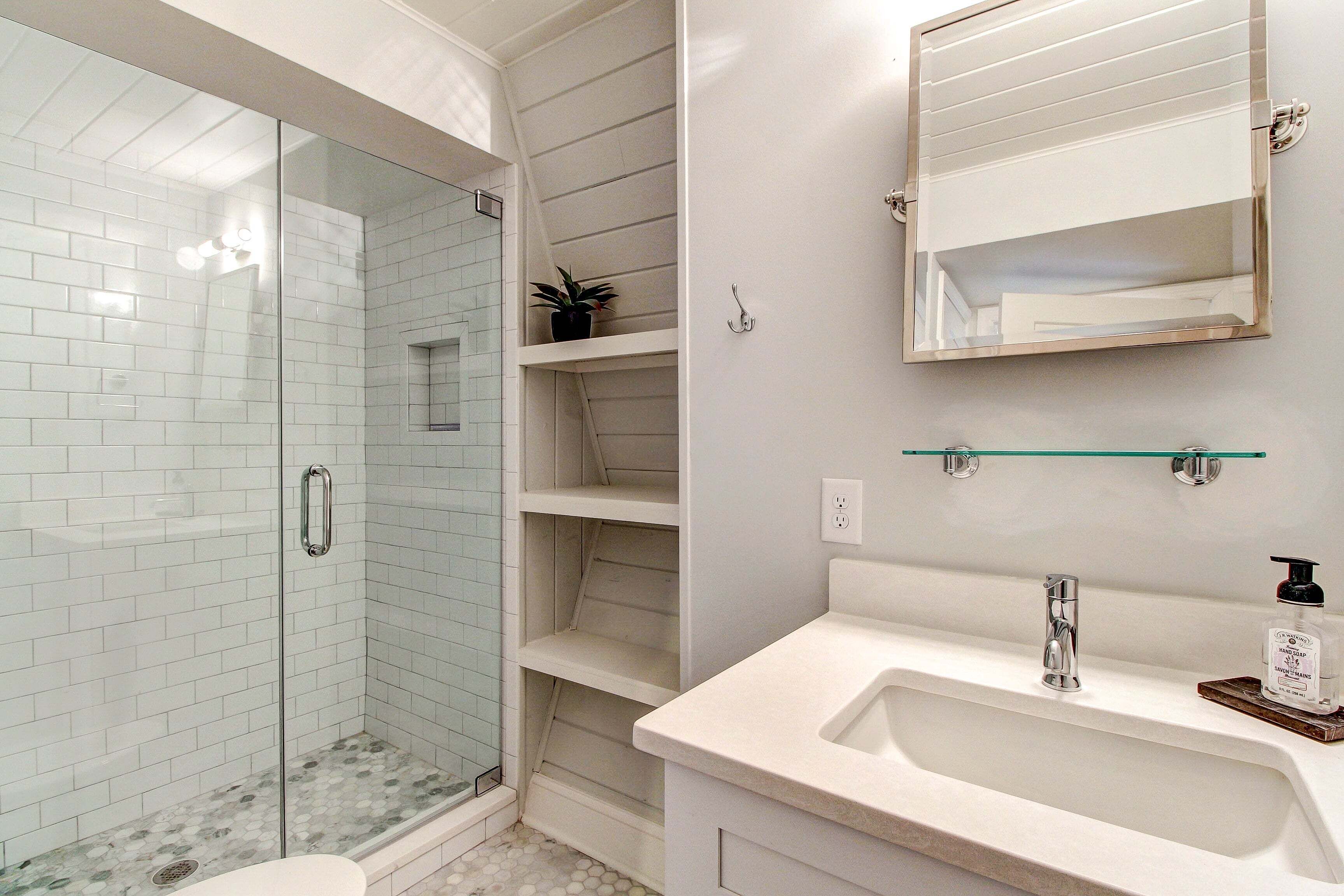 A bathroom with a glass shower enclosure, a sink with a mirror, and a shelf with a plant.