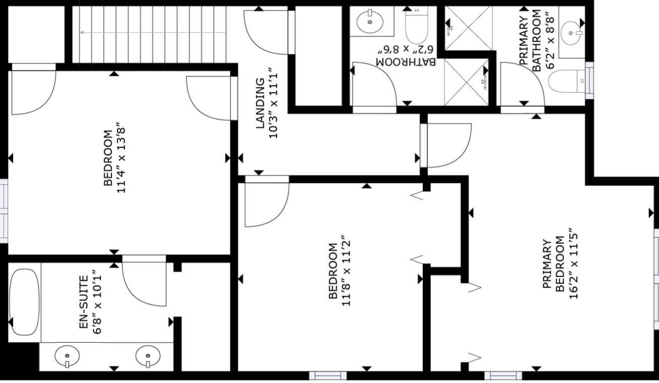 Un plan d’étage comprenant un palier, deux chambres, une salle de bain et une chambre principale.