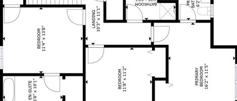 Un plan d’étage comprenant un palier, deux chambres, une salle de bain et une chambre principale.