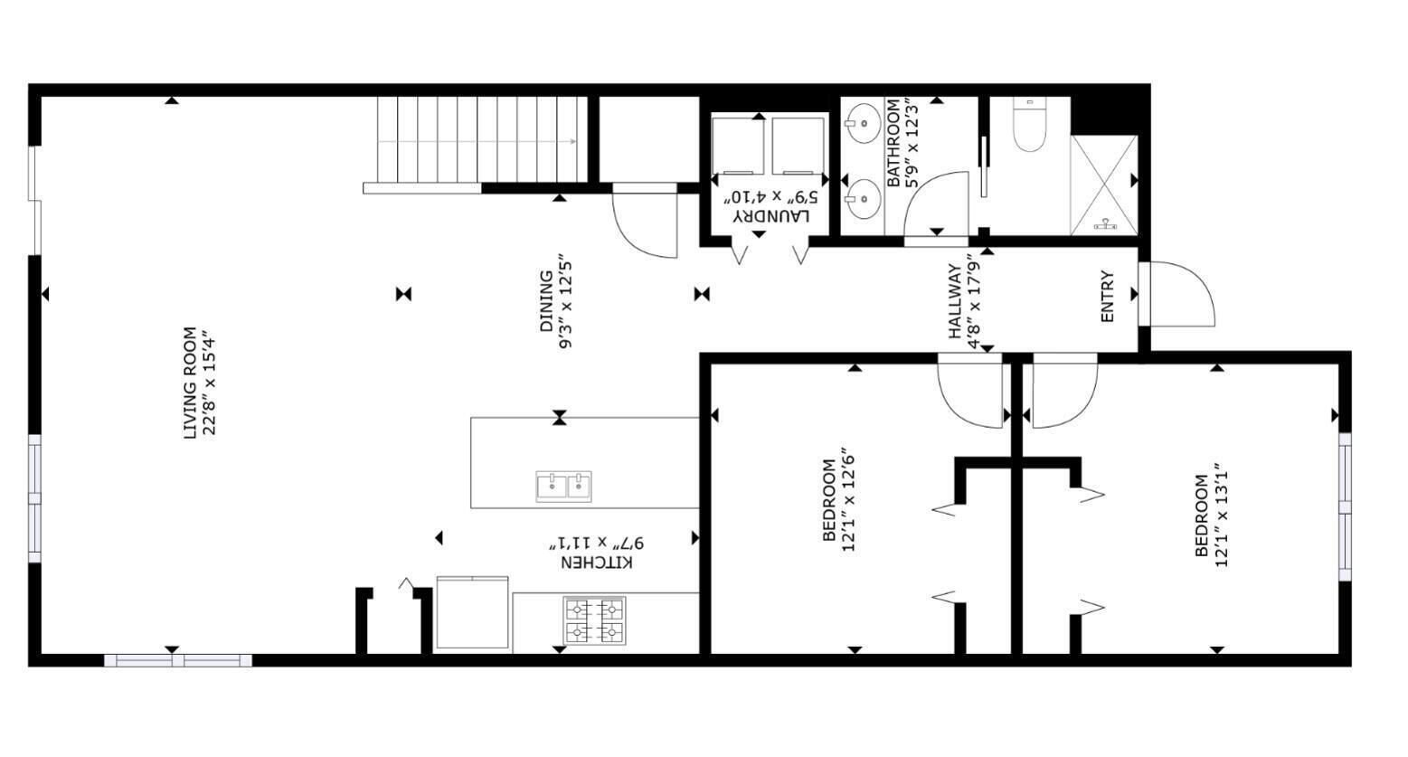 A floor plan of a hotel with a living room, dining area, kitchen, two bedrooms, a bathroom, and a hallway.