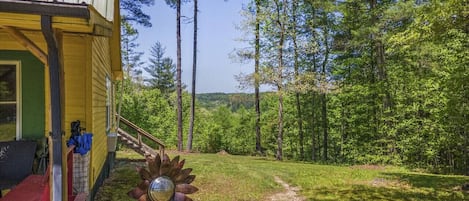 A rustic cabin with a porch, surrounded by a forested area.