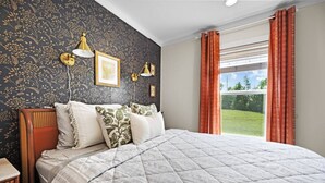 A bedroom with a large bed, a wooden headboard, a nightstand, and a window with curtains. - Wifi, Firepit, Fishing Pond - Farmview (Hazel Green)