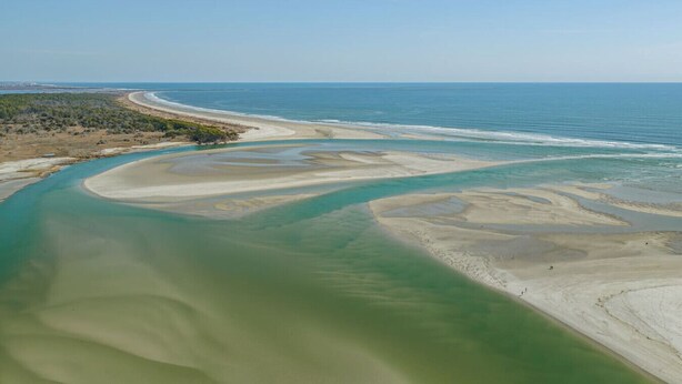 An aerial view of a coastal area with a sandy beach, a river or estuary with varying water colors, and a distant shoreline. - Sea La Vie Villa 3BD Beach Retreat Fence Yard (North Myrtle Beach)