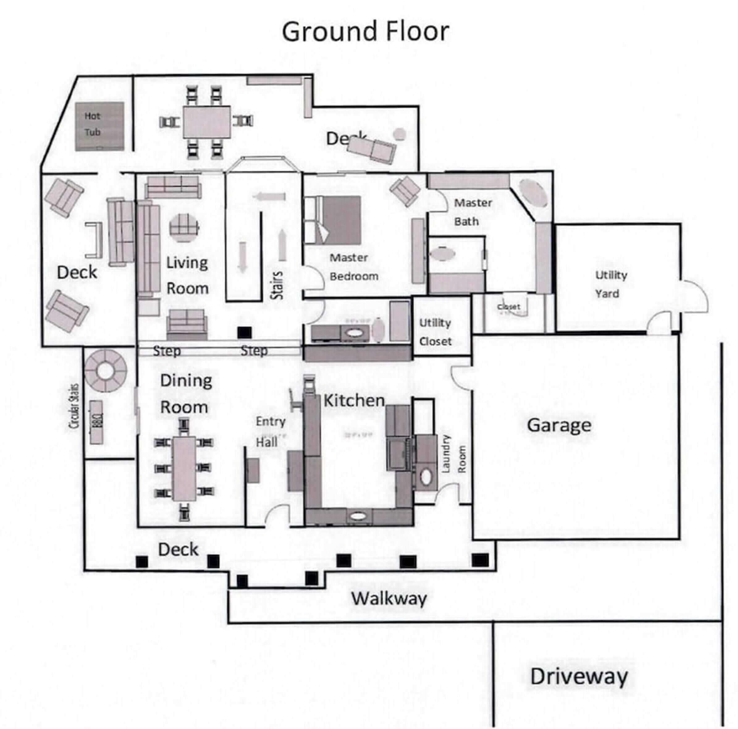 A ground floor layout with a deck, living room, dining room, kitchen, master bedroom, master bathroom, utility closet, utility yard, garage, and entry hall.