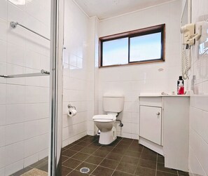 A small bathroom with a toilet, a window, and a shower area. - Room 01 : Cozy Studio 4 Guests Central Walk / In The Heart Of Jindabyne (Jindabyne)