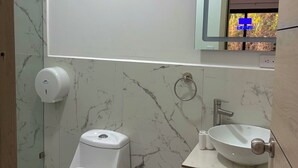 Ein Badezimmer mit Toilette, Waschbecken, Spiegel und Wandverkleidung aus Marmor.