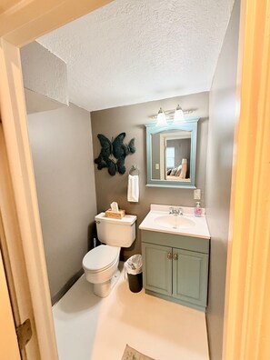 A bathroom with a toilet, sink, and mirror. There is a trash can and a towel rack. - Cozy Guest Suite near Downtown Lee's Summit (Lee's Summit)