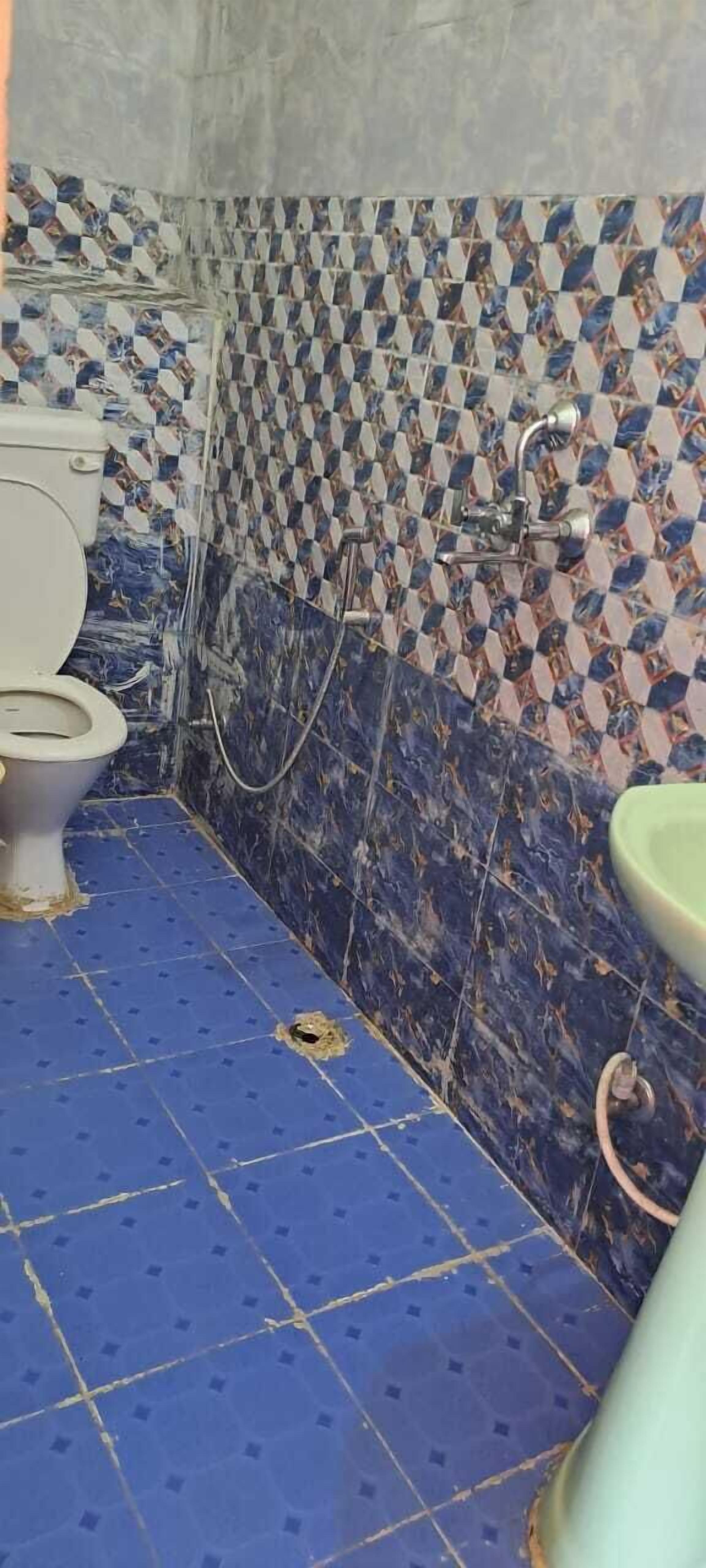 A bathroom with a patterned tile wall, a toilet, a shower, and a sink.