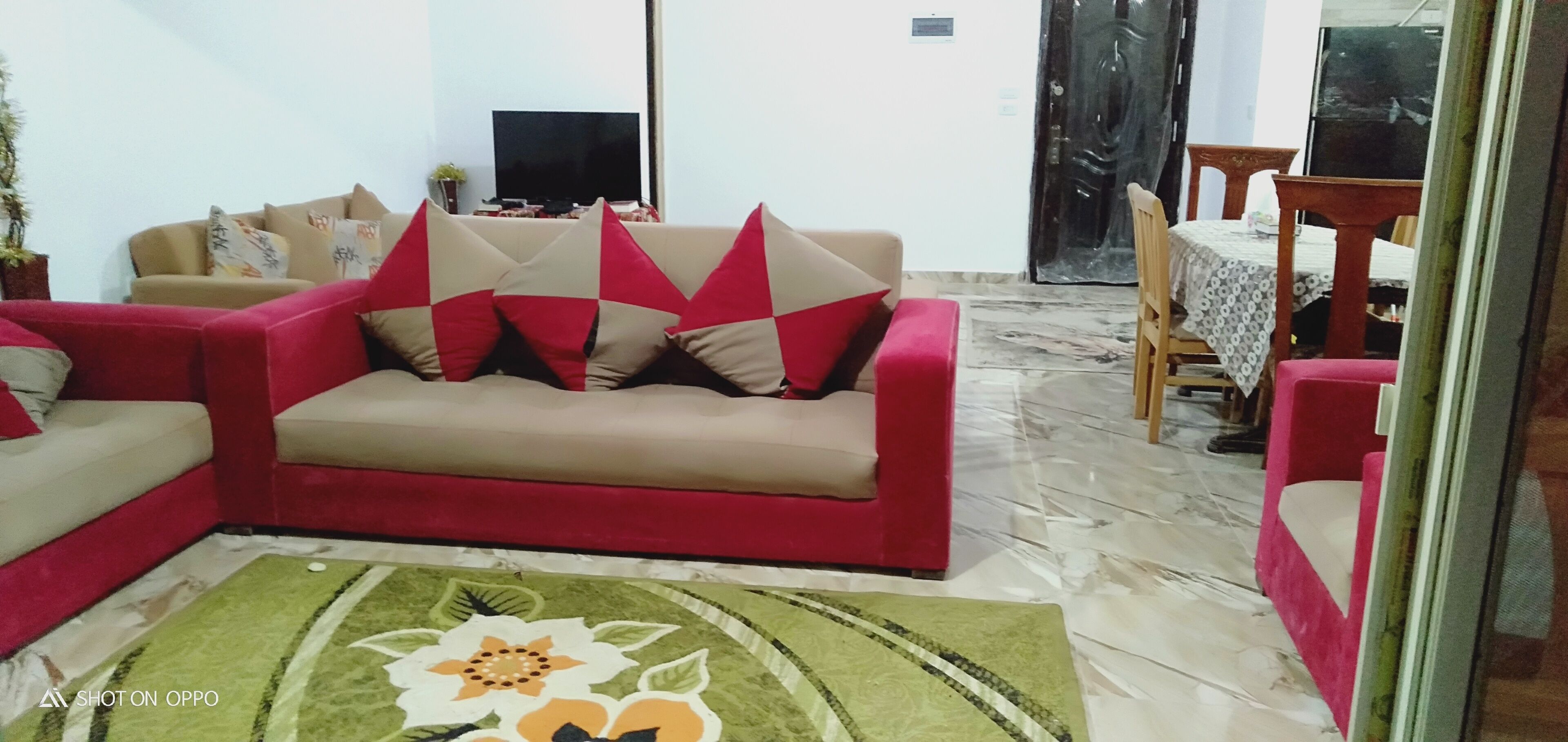 Un salon avec un canapé rouge, un tapis à motifs verts, un téléviseur et une table à manger avec des chaises.