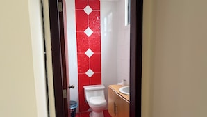Een kleine badkamer met toilet, wastafel en rode wandtegels.