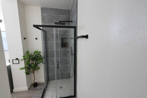 Shower, jetted tub, hair dryer, towels