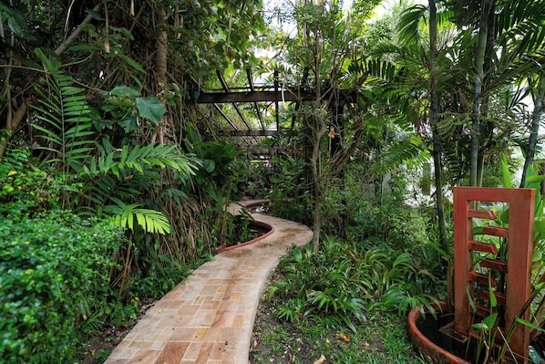 Un sendero de piedra serpentea entre una vegetación tropical exuberante, guiando hacia un puente de madera.