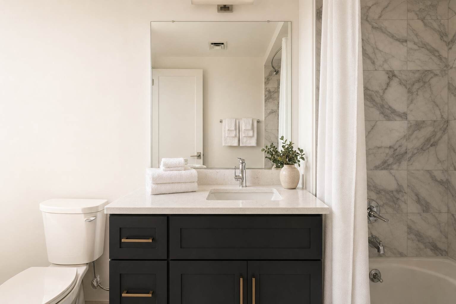 Shower, hair dryer, towels, shampoo