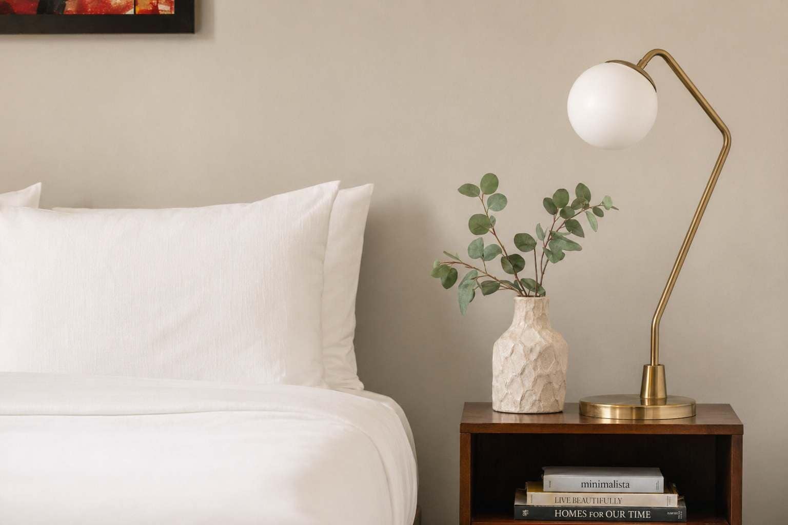 A neatly made bed with white bedding, a small wooden nightstand with a white vase and green leaves, and a gold lamp.