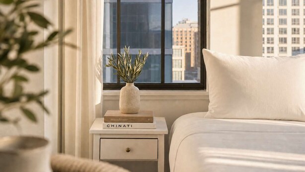 A neatly arranged bedroom with a bed, a bedside table with a vase and a book, and a view of buildings through a window.