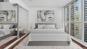 Ein modernes Schlafzimmer mit einem großen Bett, Nachttischen und abstrakter Wandkunst.