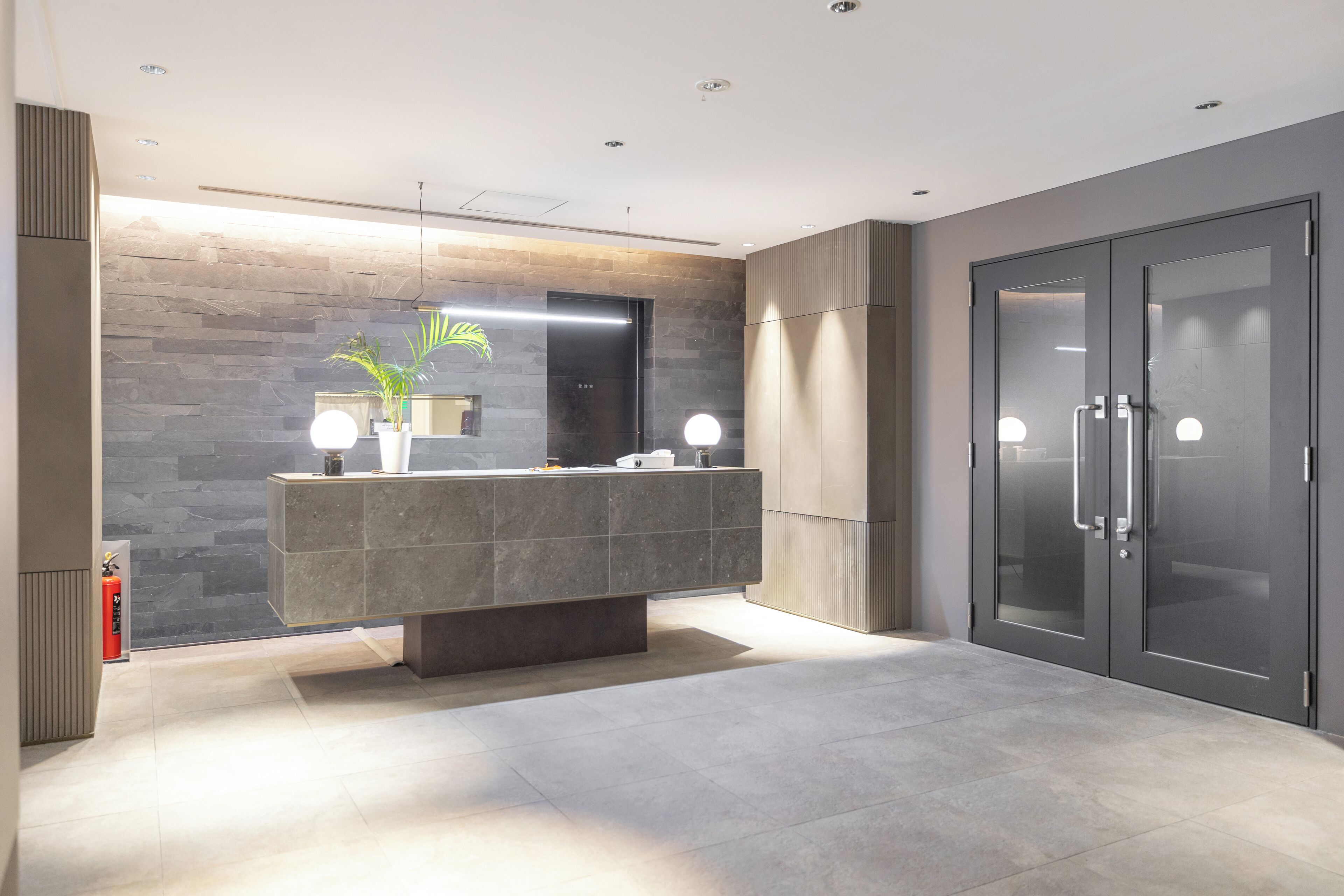 A modern bathroom with a large, dark stone sink, a potted plant, and a glass-enclosed shower area.