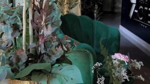 Une pièce avec un fauteuil vert, une composition florale décorative et un mur orné de tableaux ou d’objets encadrés.