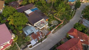An aerial view of a residential area with houses, a swimming pool, and a large tree.