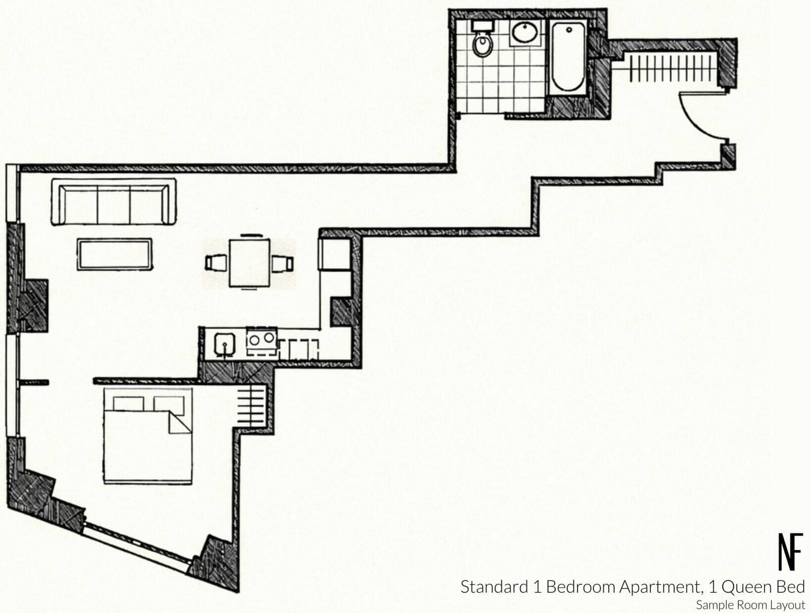 A standard 1-bedroom apartment layout with a queen bed, a kitchen, a bathroom, and a living area.